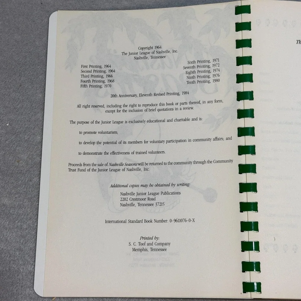 Vintage 1984 Nashville Seasons Junior League Tennessee Cookbook 20th Anniv